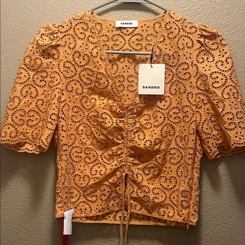 Sandro Orange Eyelet Puff Sleeve Blouse